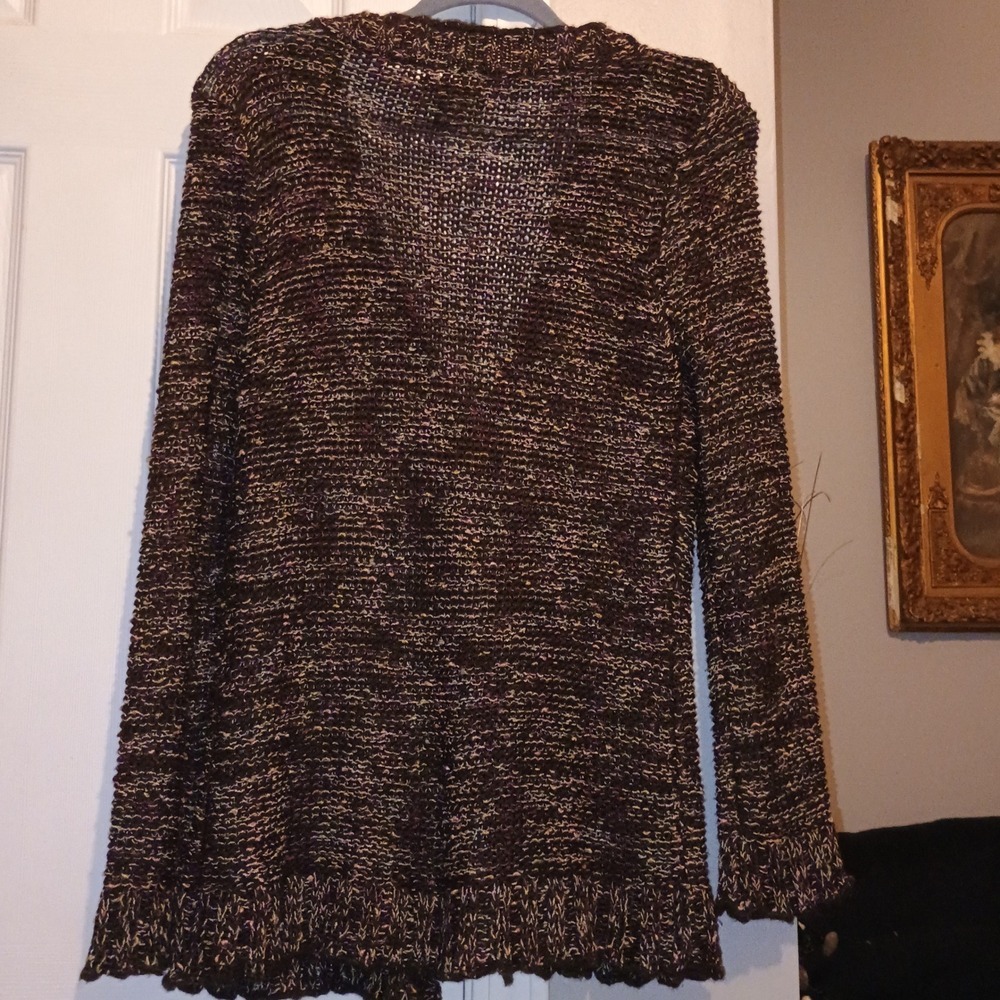 BCBGMAXAZRIA Women's XL Cardigan Sweater Brown Multi Button‎ Ruffle Hem - Picture 2 of 10